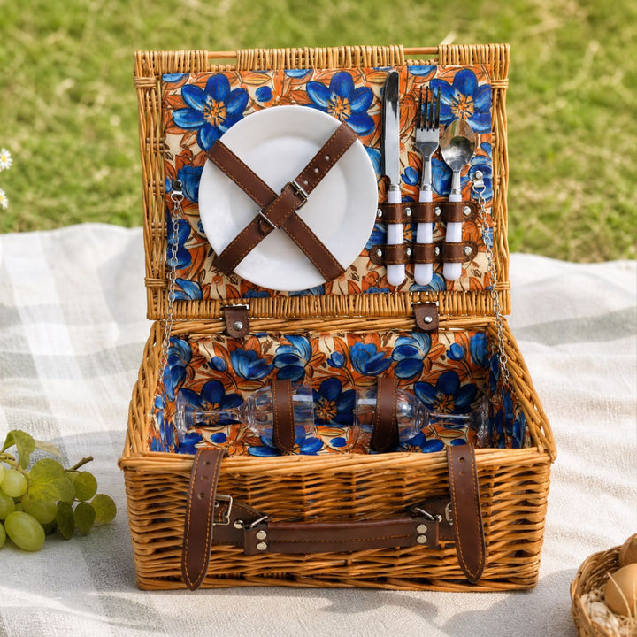 Ladies Luxury Picnic Basket with Offset Dish Compartment and Floral Lining Stornfield