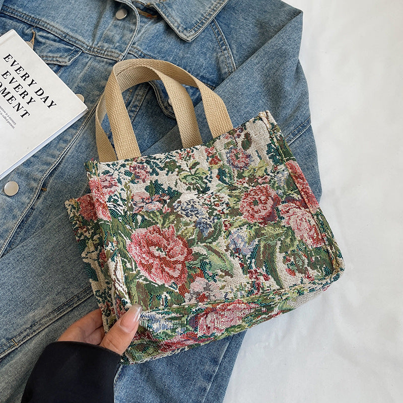 Floral Embroidered Tapestry Tote Bag