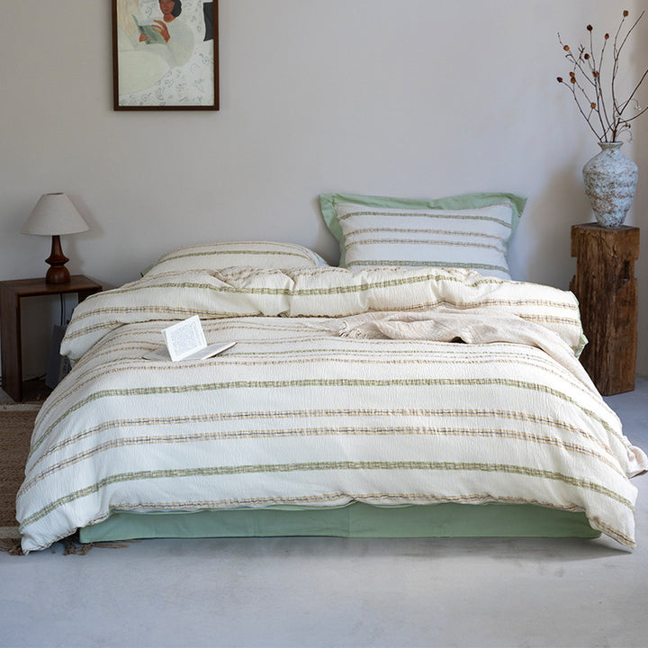 Textured Quilted Duvet Cover Set with Striped Woven Panel and Envelope Shams