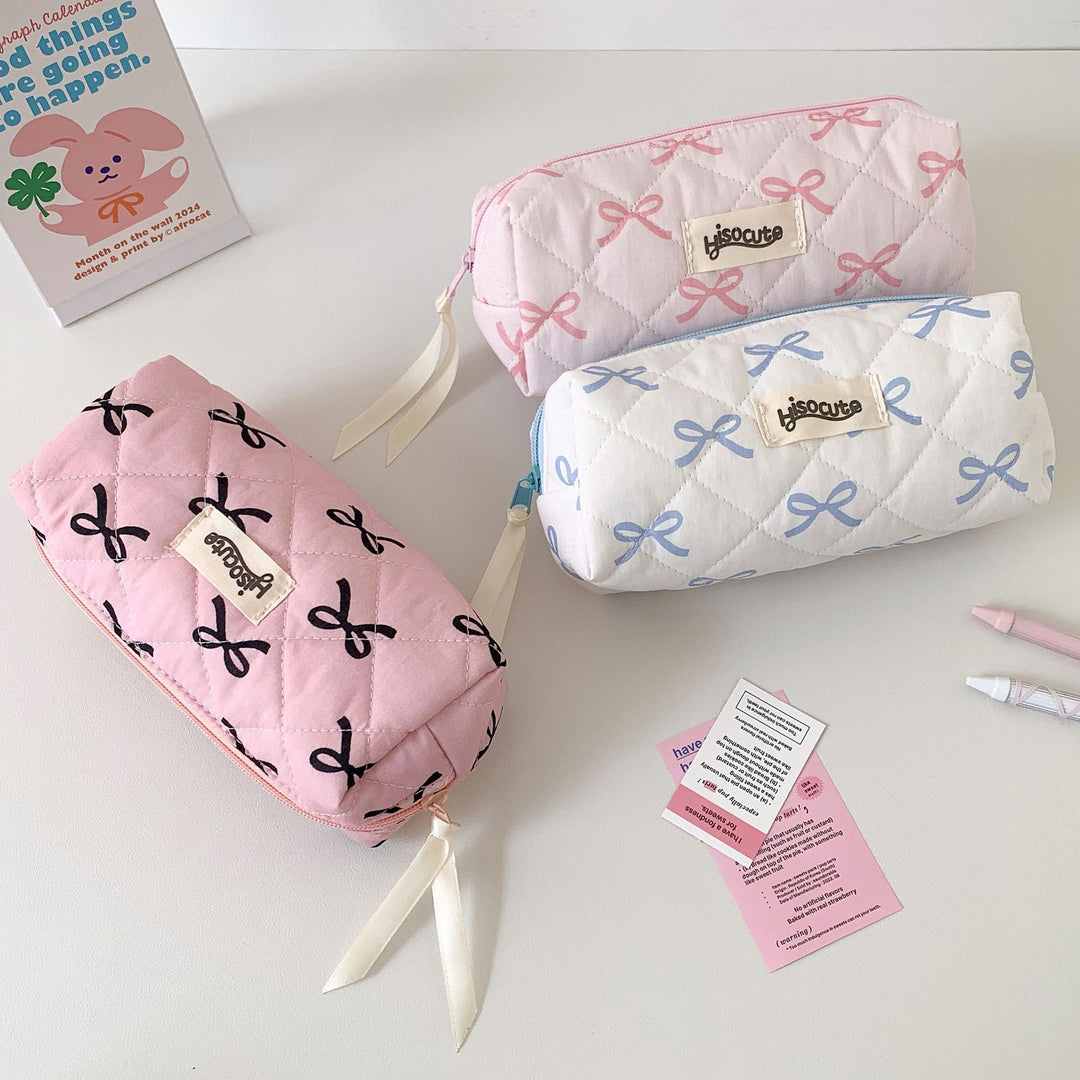 Quilted Bow-Embellished Pencil Case