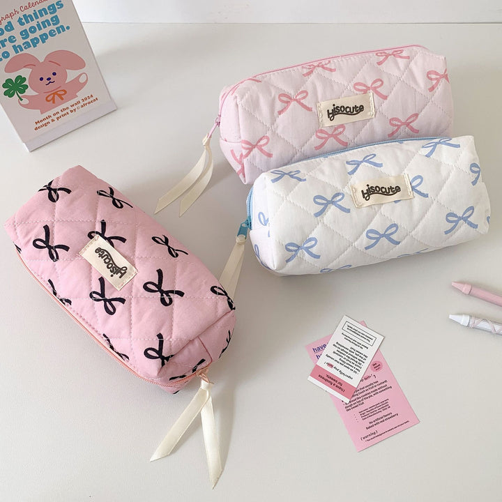 Quilted Bow-Embellished Pencil Case