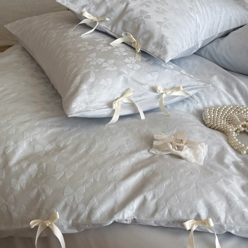 Jacquard Floral Tie-Closure Duvet Cover Set with Satin Fitted Sheet and Ribbon Ties