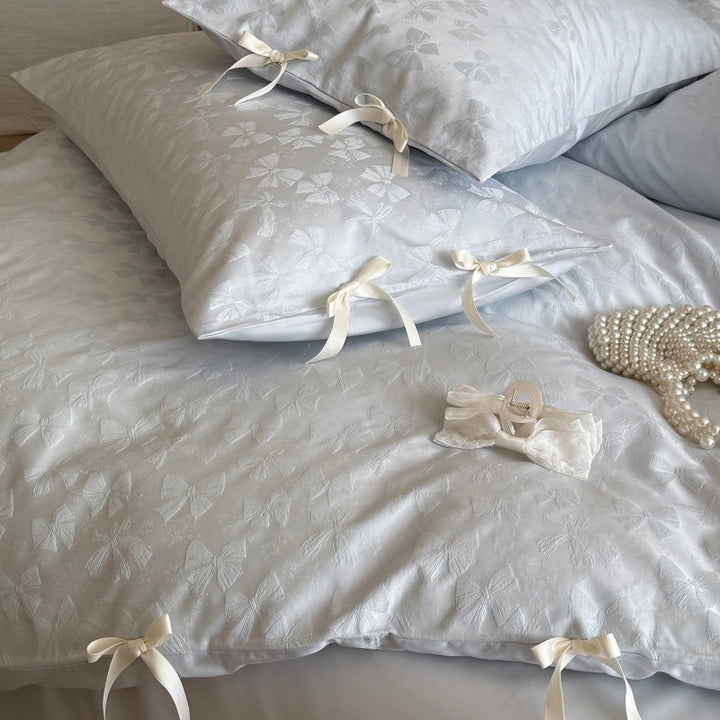 Jacquard Floral Tie-Closure Duvet Cover Set with Satin Fitted Sheet and Ribbon Ties