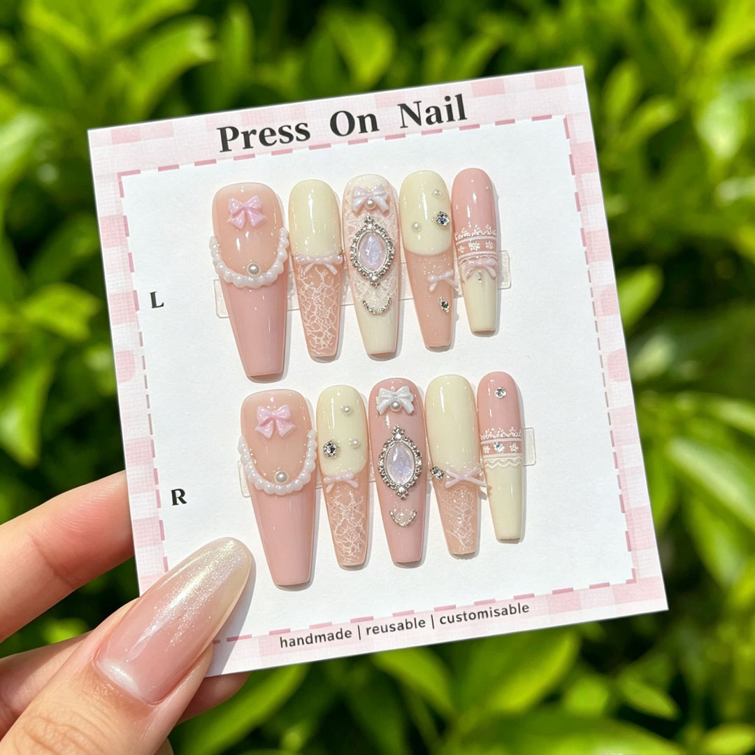 Decorative Press-On Nail Set with Gem Accents  1791774365