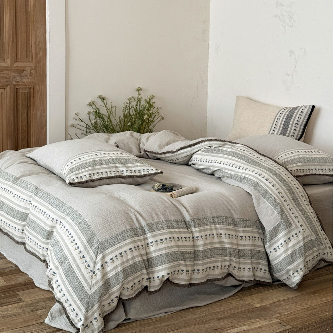Linen-Blend Bohemian Printed Duvet Cover Set with Fringed Edge and Pillow Shams