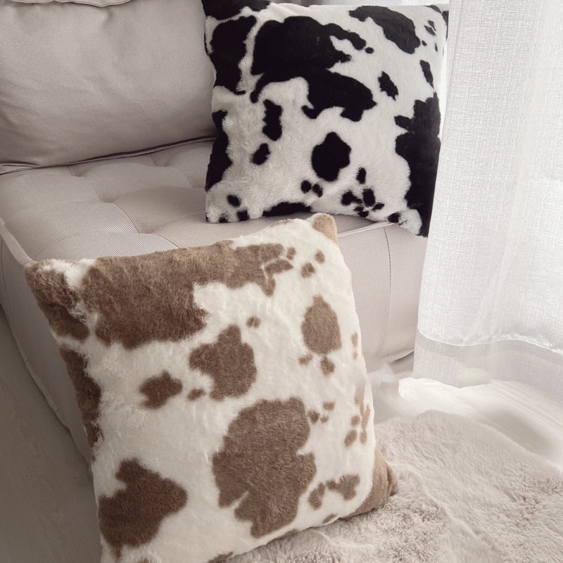 Square faux fur cushion cover with cow print pattern and extra soft plush surface Stornfield