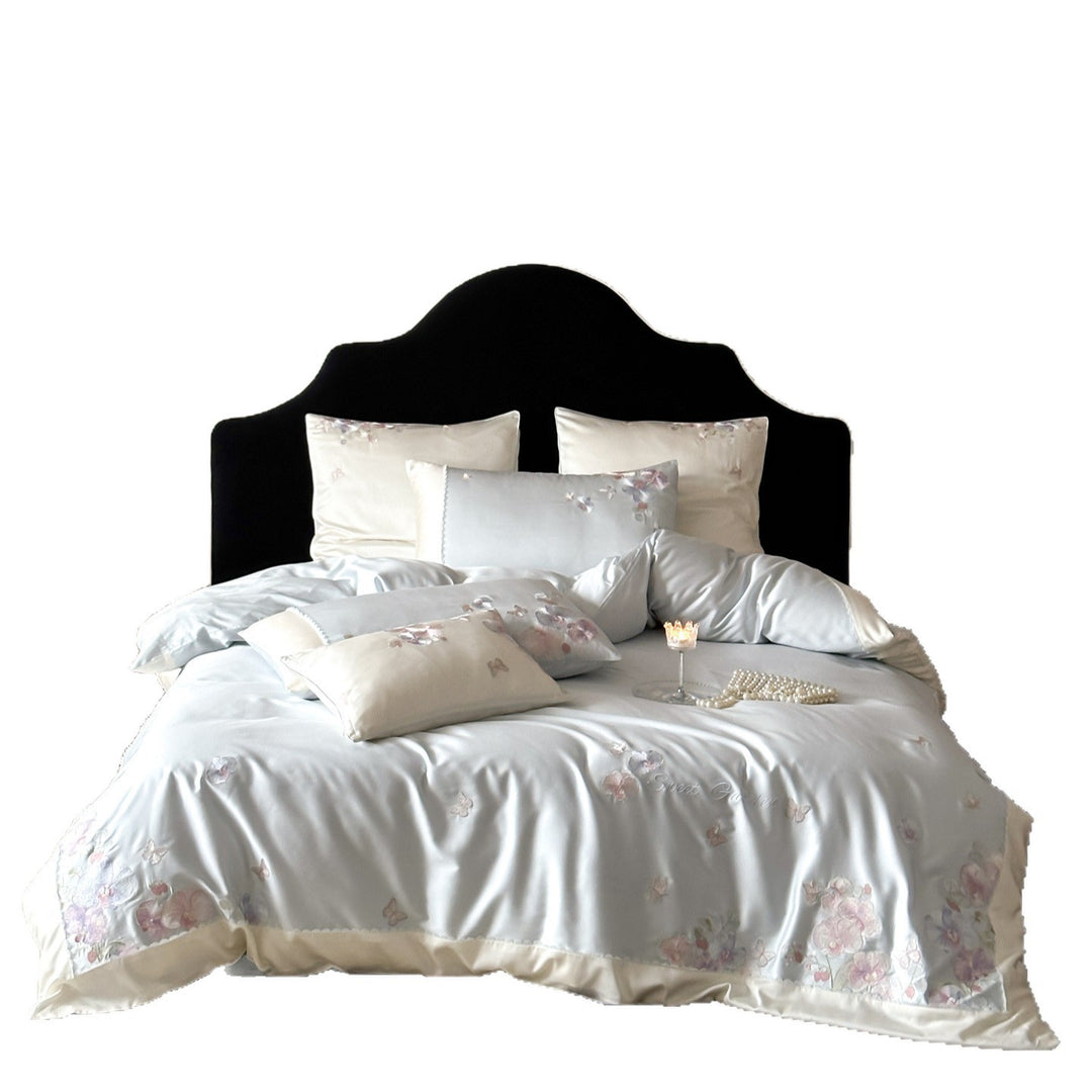 Embroidered Floral Satin-Feel Duvet Cover Set with Lace-Trim Pillow Shams