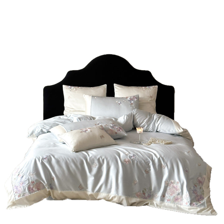 Embroidered Floral Satin-Feel Duvet Cover Set with Lace-Trim Pillow Shams