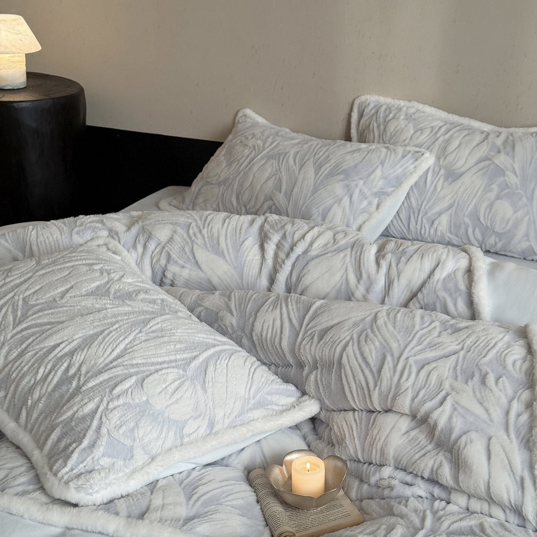 Quilted Embossed Velvet Floral Bedspread Set with Faux-Sherpa Trim