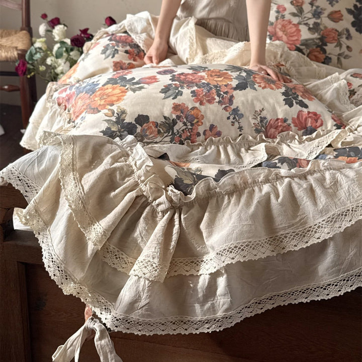 Floral Ruffled Cotton Duvet Cover Set with Lace Trim and Layered Bed Skirt