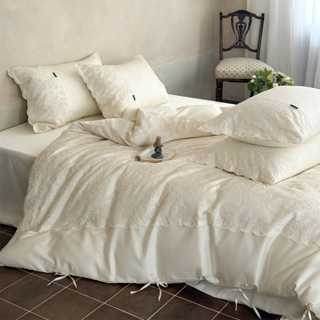 Luxury Embroidered Scalloped-Edge Duvet Cover Set with Bedskirt and Ribbon-Tie Shams