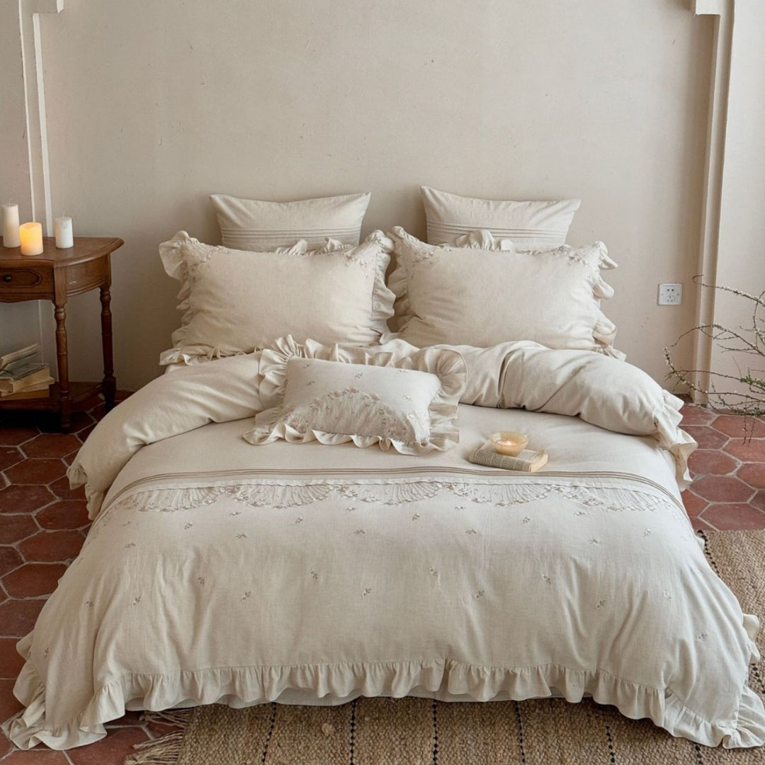 Ruffled Embroidered Linen Duvet Cover Set with Frilled Sham Pillowcases