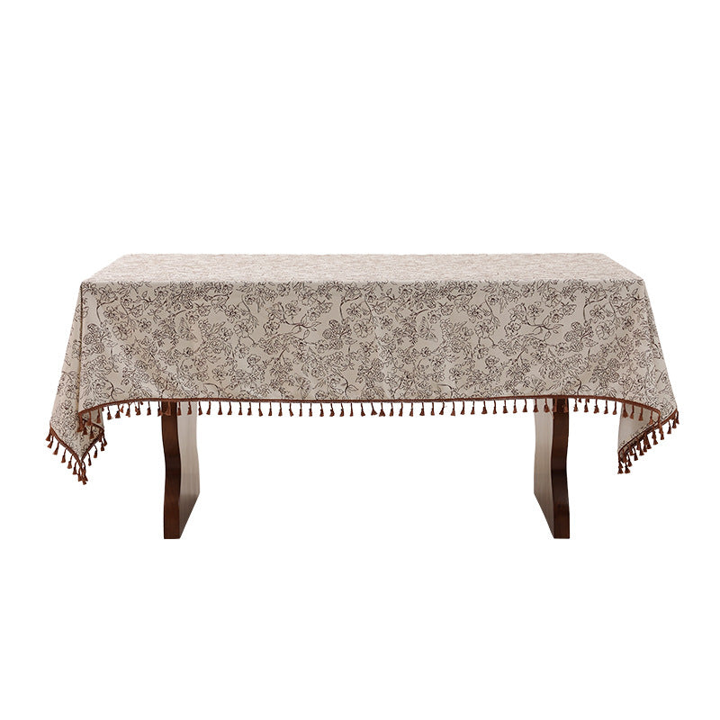 Rectangular high-quality tablecloth made of cotton-linen with hand-printed floral pattern and tassel border