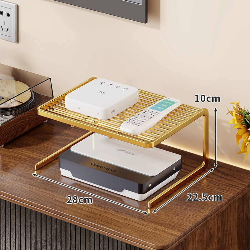 Two-Tier Ventilated Metal Electronics Organizer Shelf for Routers, Set-Top Boxes and Remotes