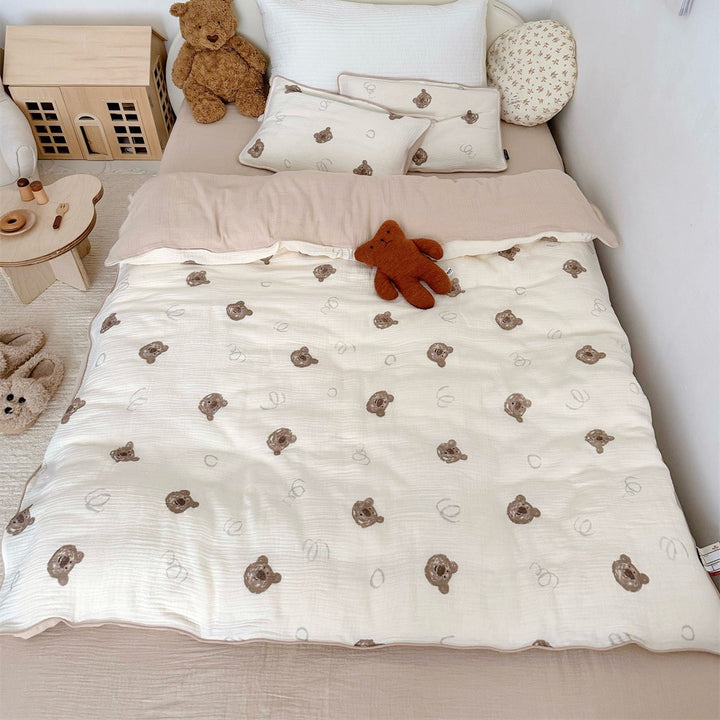 Children's Muslin Comforter Set with Cute Bear Print