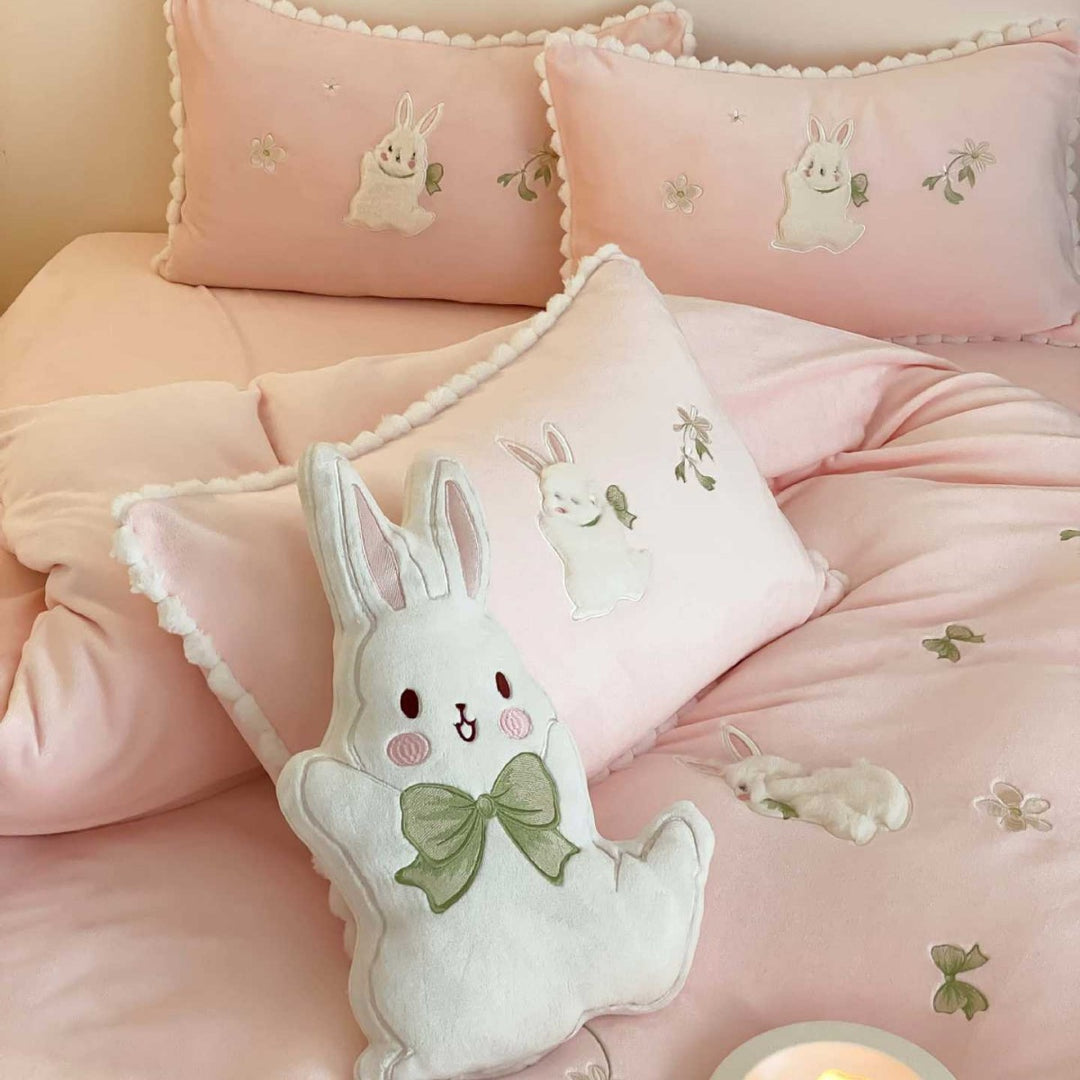 Pastel Embroidered Bunny Plush-Accent Cotton Duvet Cover Set with Scalloped Pillow Shams