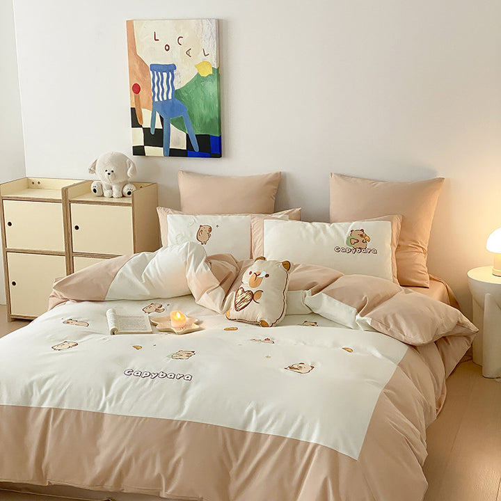 Embroidered Capybara Cotton-Sateen Duvet Cover Set with Pillow Shams and Plush Cushion