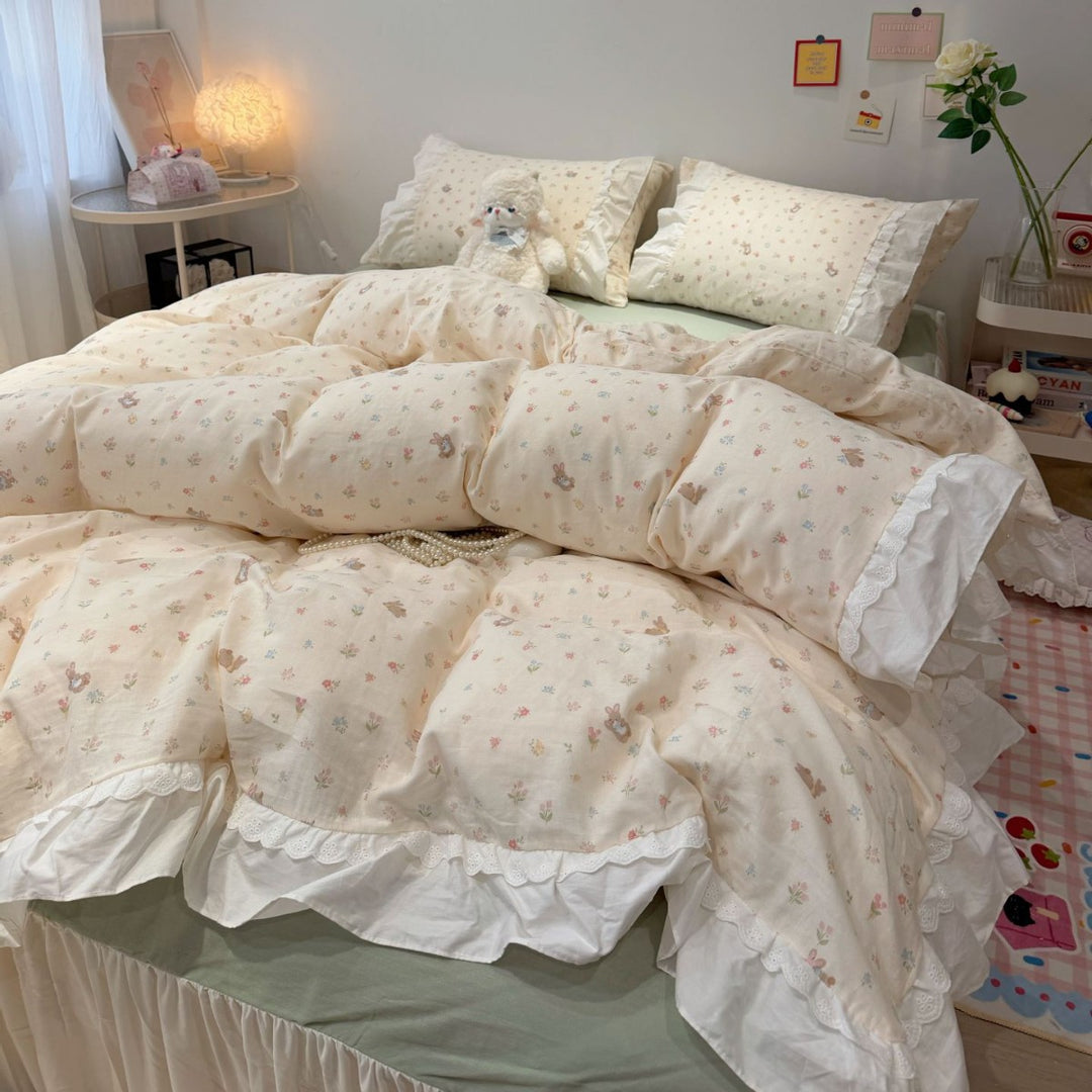 Pastel Patchwork Ruffled Cotton Duvet Cover Set with Lace-Trim Pillow Shams