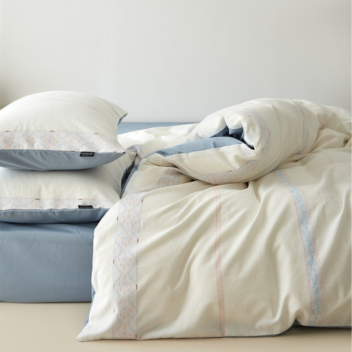 Reversible Cotton Sateen Duvet Cover Set with Decorative Embroidered Stripe and Matching Pillow Shams