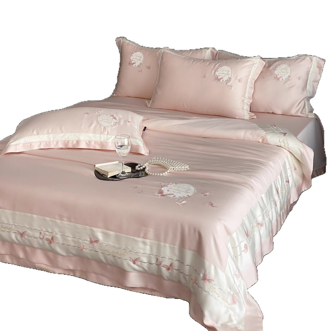 Embroidered Satin-Feel Butterfly Duvet Cover Bedding Set