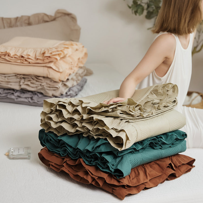 Quilted Wave-Texture Ruffled Bedspread Set with Pillow Shams