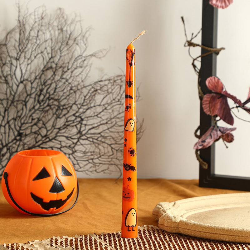 Halloween Decorative Tall Taper Candle with Printed Ghost and Pumpkin Motif