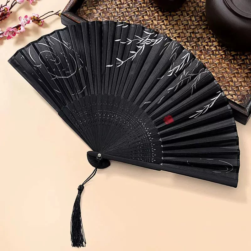 Women One Size Handcrafted Bamboo Rib Foldable Fan with Hand-Painted Calligraphic Willow Design and Decorative Tassel Stornfield