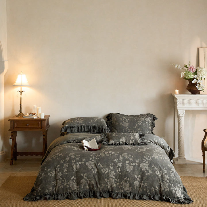 Vintage Floral Ruffled Duvet Cover Bedding Set with Jacquard Cotton-Linen Blend & Pillow Shams