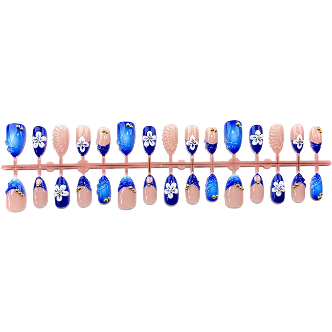 Artistic Press-On Nail Set with Floral and Jewel Accents
