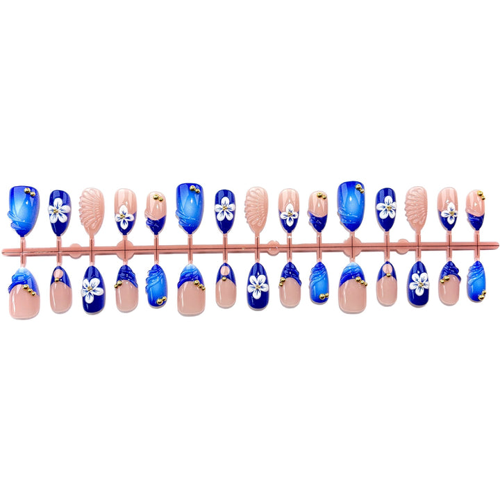 Artistic Press-On Nail Set with Floral and Jewel Accents
