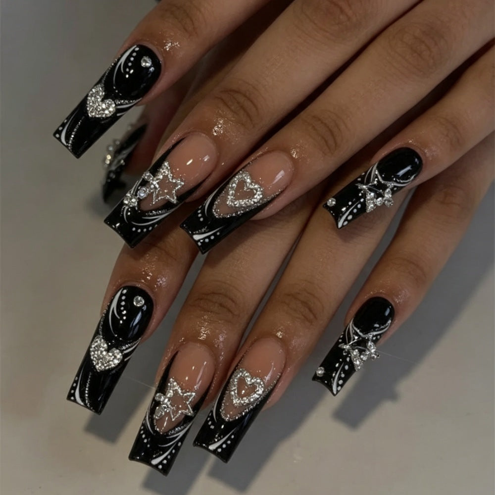 Artistic Press-On Nails with Heart and Gem Accents Stornfield