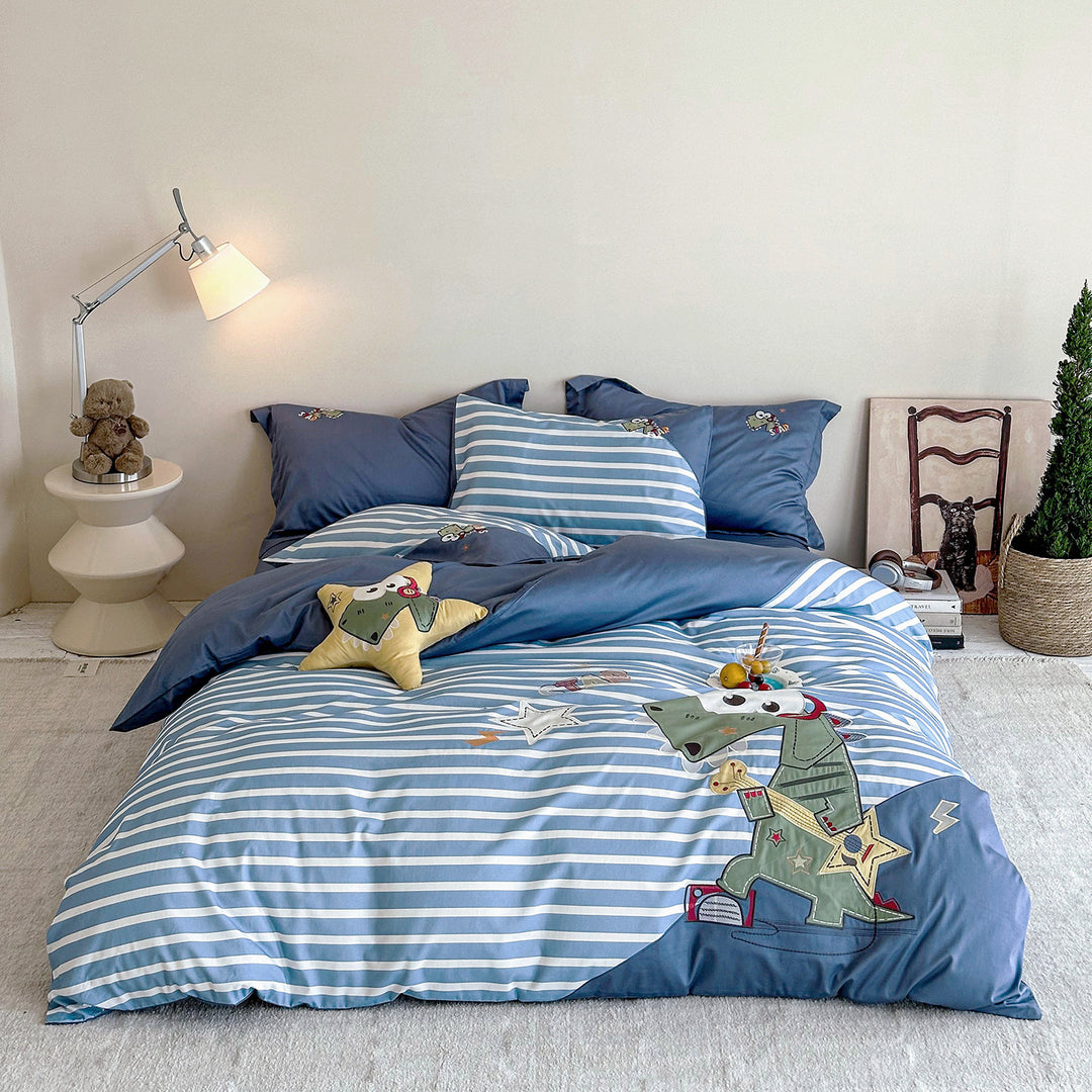 Kids Dinosaur Appliqué Striped Cotton Duvet Cover Set
