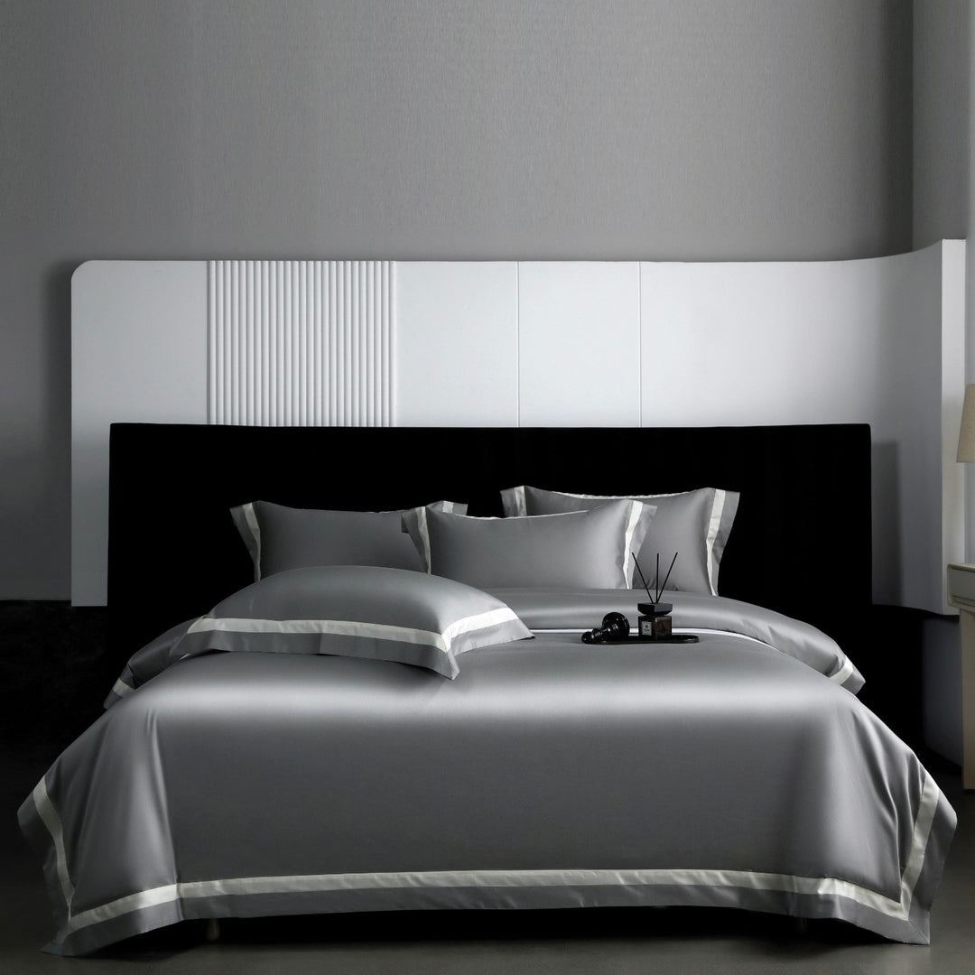 Luxury Cotton Sateen Duvet Cover Set with Contrasting Hem and Border Pillow Shams