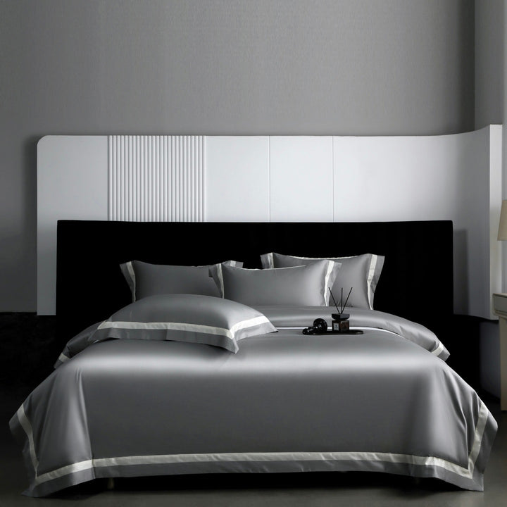 Luxury Cotton Sateen Duvet Cover Set with Contrasting Hem and Border Pillow Shams