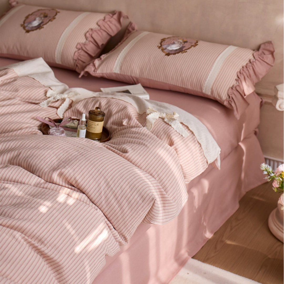 Romantic Ruffled Striped Cotton-Linen Blend Duvet Cover Set with Embroidered Cameo Pillow Shams