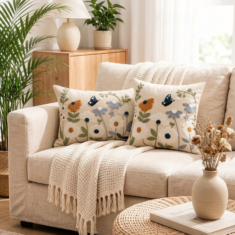 Hand-Embroidered Meadow Motif Linen-Blend Lumbar Cushion Cover