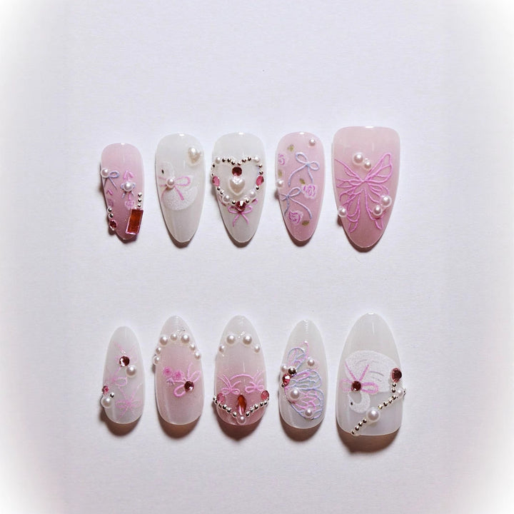 Decorative 3D Bow and Pearl Press-On Nail Art Stornfield