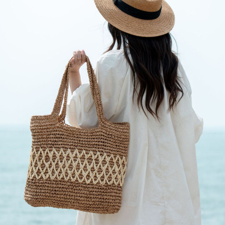 Handmade straw tote bag with decorative pattern Stornfield
