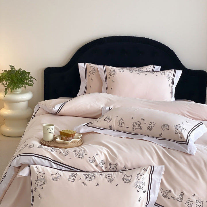 Cotton satin bed linen set with cute dog sketch embroidery and contrast piping