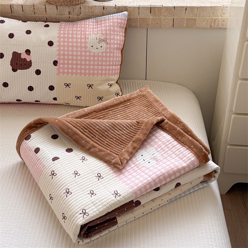 Quilted Cotton Toddler Bed Coverlet Set with Playful Dog and Flower Print and Gingham Trim