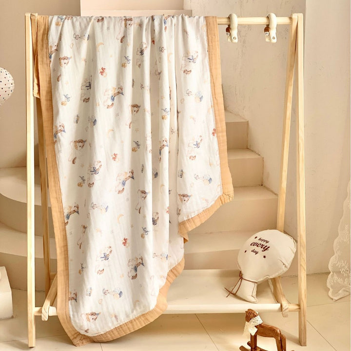 Muslin Cotton Blanket with Whimsical Animal Print and Quilted Border