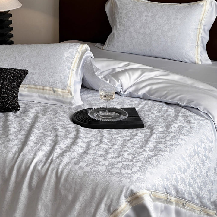 Silk-Feel Jacquard Floral Duvet Cover Set with Satin-Trim Pillow Shams