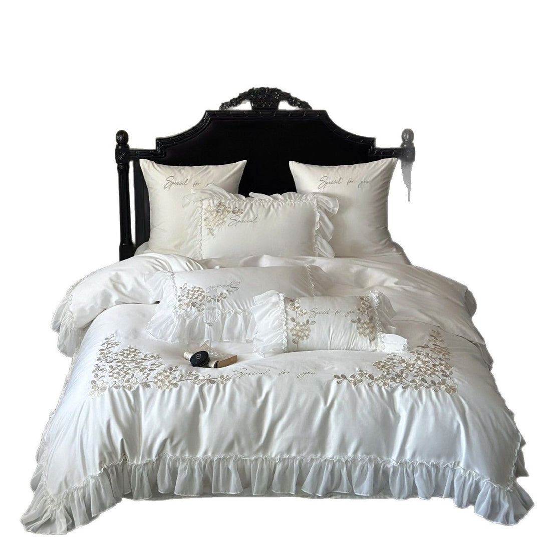 Romantic Ruffled Satin‑Feel Floral Appliqué Duvet Cover Ensemble