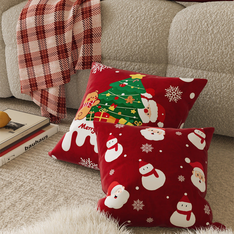 Christmas Velvet Decorative Throw Pillow Cover with Plush Holiday Illustration and Hidden Zipper