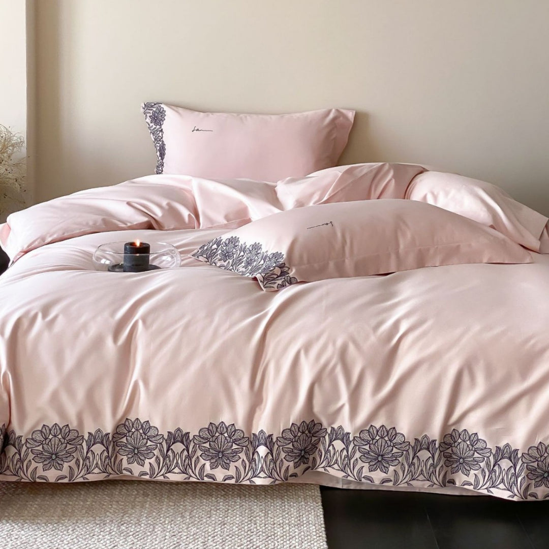 Cotton satin duvet cover set with fine floral border embroidery and silky feel