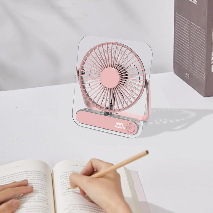 Cooling clear acrylic-framed rechargeable portable desk fan with digital battery percentage display and foldable handle Stornfield