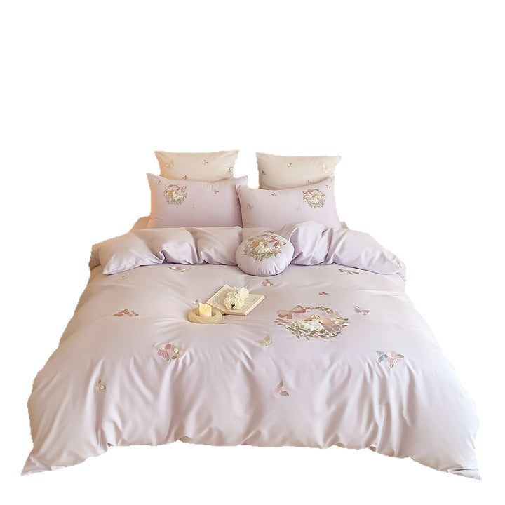 Pastel Botanical Embroidered Duvet Cover Set with Decorative Round Cushion