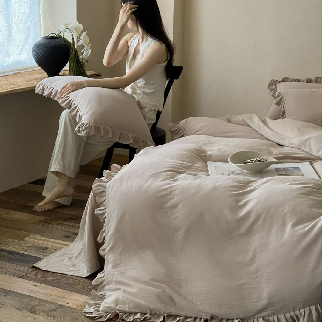 Soft-Ruffled Washed Cotton Duvet Cover Set with Frilled Edge & Pillow Shams