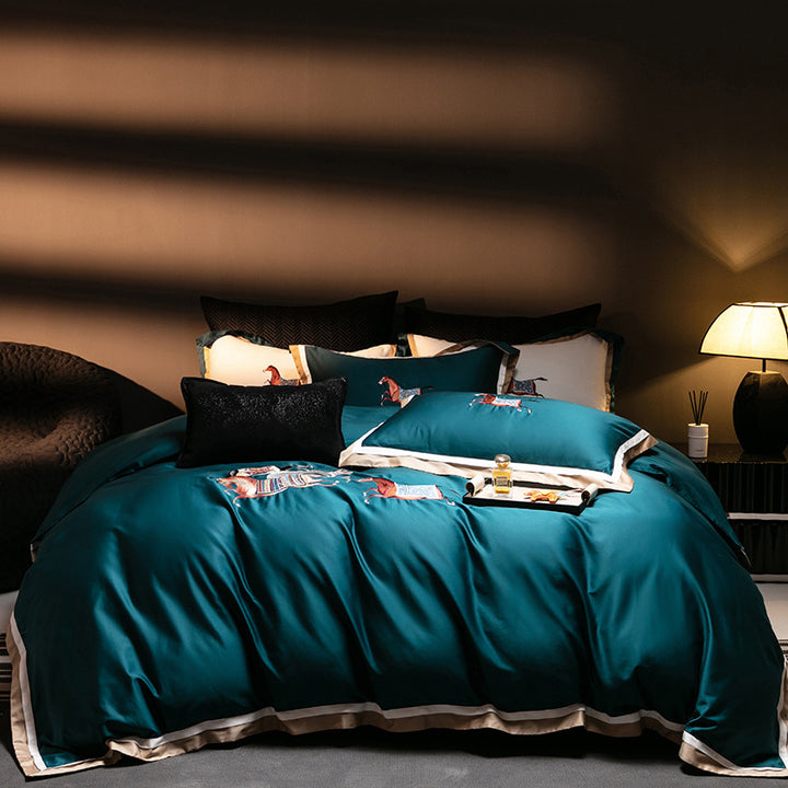 Luxury Satin Embroidered Duvet Cover Set with Horse Motif