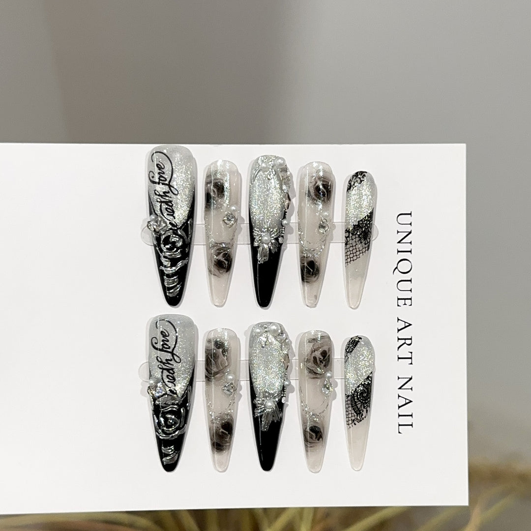 Elegant Stiletto Press-On Nail Art Set with Floral and Gemstone Accents